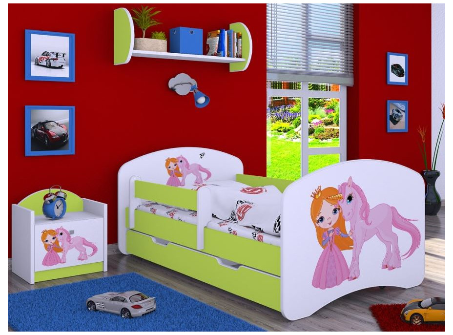 Detská posteľ so zásuvkou 160x80cm PRINCEZNA A Jednorožec - zelená