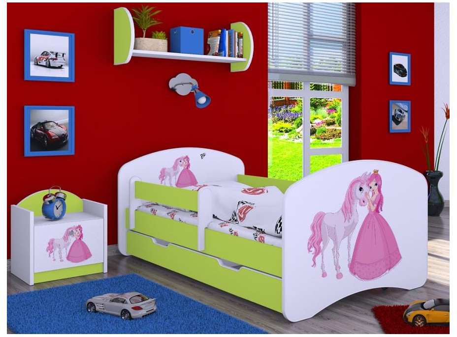 Detská posteľ so zásuvkou 160x80cm PRINCEZNA A KONÍK - zelená