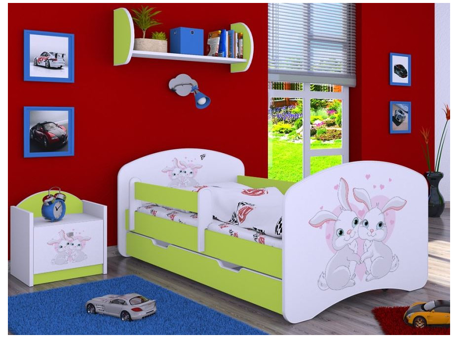 Detská posteľ so zásuvkou 160x80cm zajačikovia - zelená