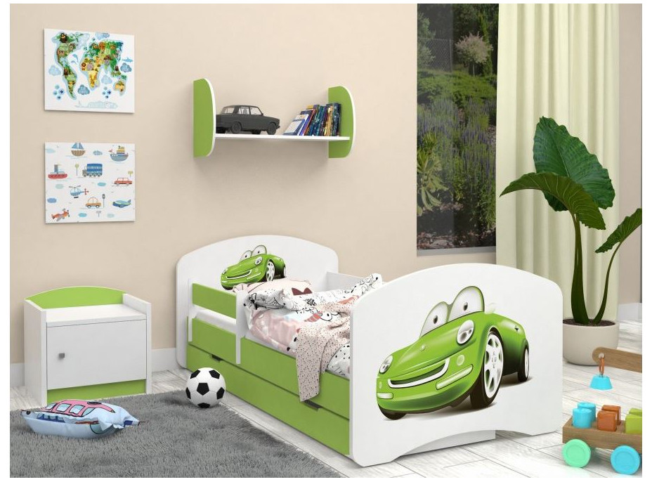 Detská posteľ so zásuvkou 160x80cm ZELENÉ AUTO - zelená