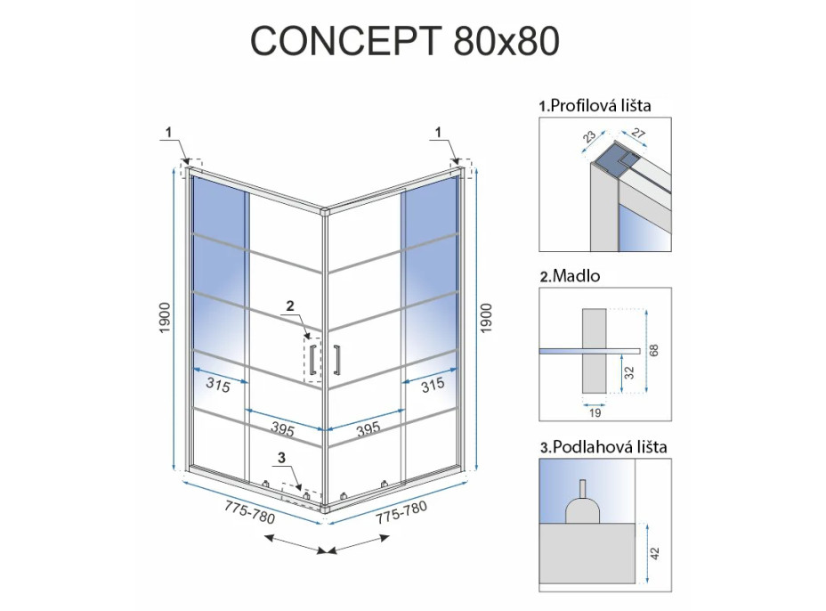 Sprchovací kút maxmax Rea Concept 80x80 cm s mriežkou - čierny