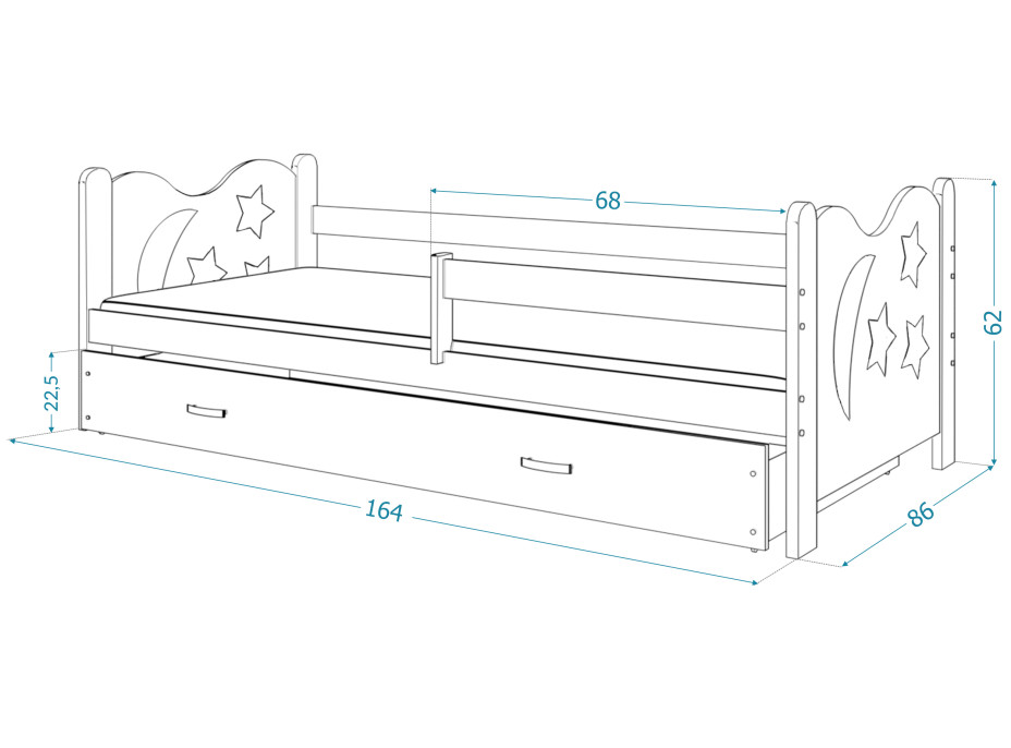 Detská posteľ so zásuvkou Mikoláš - 160x80 cm - biela / borovica - mesiac a hviezdičky