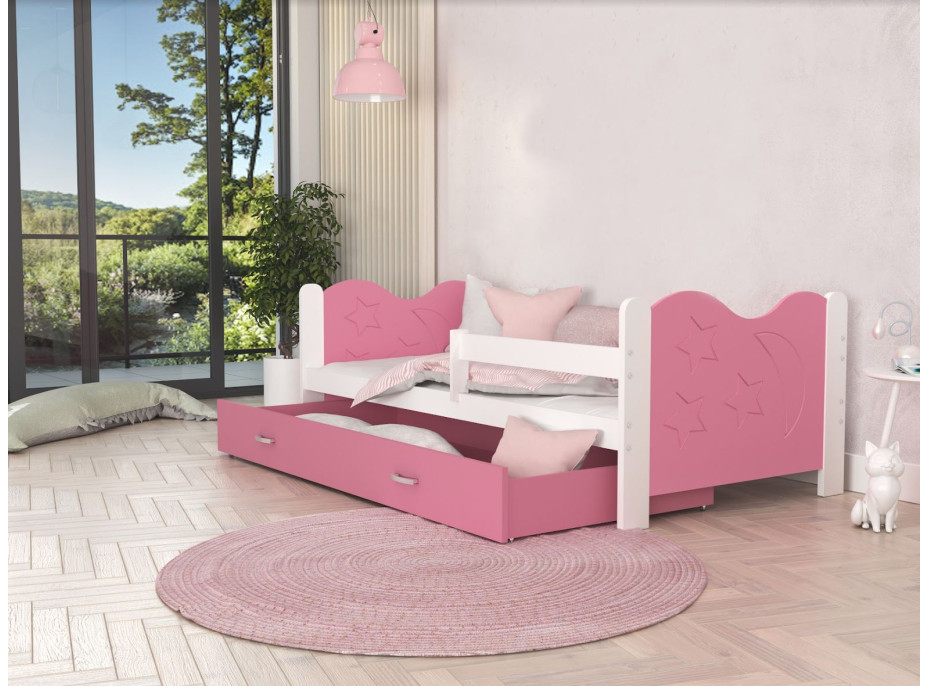 Detská posteľ so zásuvkou Mikoláš - 160x80 cm - ružovo-biela - mesiac a hviezdičky