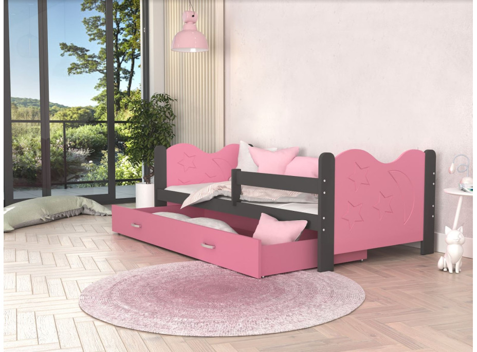 Detská posteľ so zásuvkou Mikoláš - 160x80 cm - ružovo-šedá - mesiac a hviezdičky