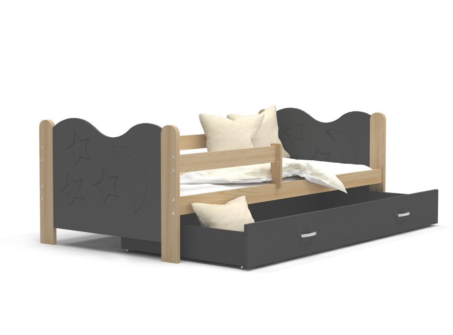 Detská posteľ so zásuvkou Mikoláš - 160x80 cm - sivá / borovice - mesiac a hviezdičky