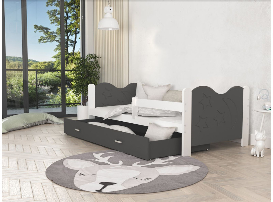 Detská posteľ so zásuvkou Mikoláš - 160x80 cm - šedo-biela - mesiac a hviezdičky