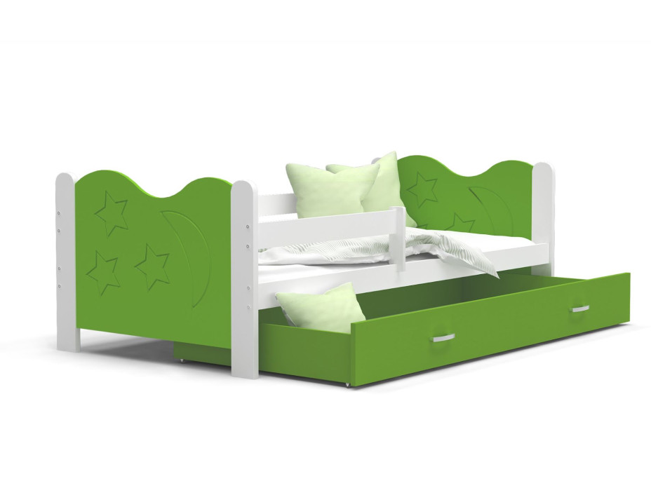 Detská posteľ so zásuvkou Mikoláš - 160x80 cm - zeleno-biela - mesiac a hviezdičky