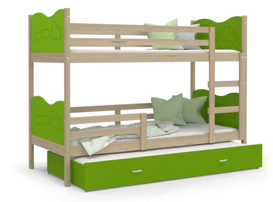 Detská poschodová posteľ s prístelkou MAX Q - 200x90 cm - zelená / borovica - vláčik