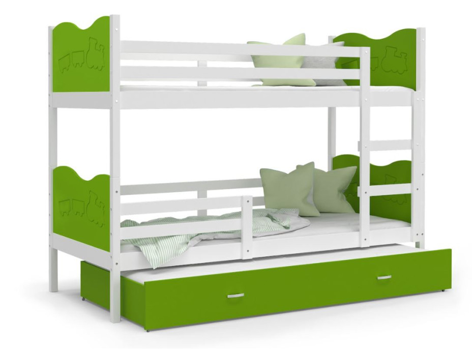Detská poschodová posteľ s prístelkou MAX Q - 200x90 cm - zeleno-biela - vláčik
