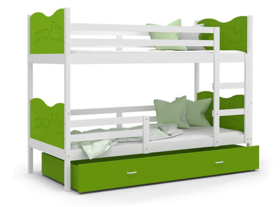 Detská poschodová posteľ so zásuvkou MAX R - 160x80 cm - zeleno-biela - vláčik