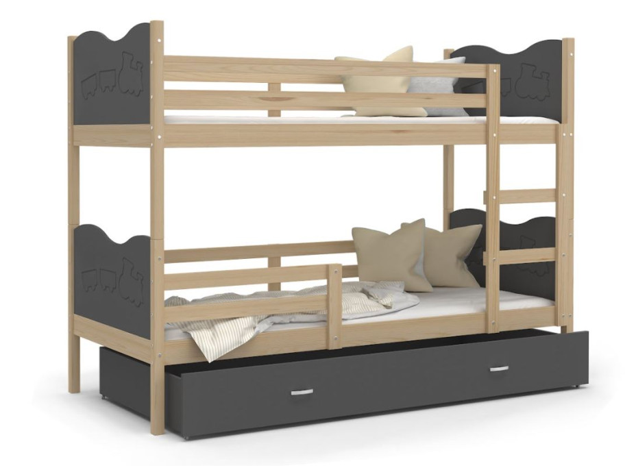 Detská poschodová posteľ so zásuvkou MAX R - 190x80 cm - sivá / borovica - vláčik