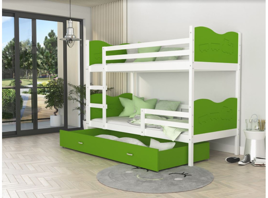 Detská poschodová posteľ so zásuvkou MAX R - 190x80 cm - zeleno-biela - vláčik
