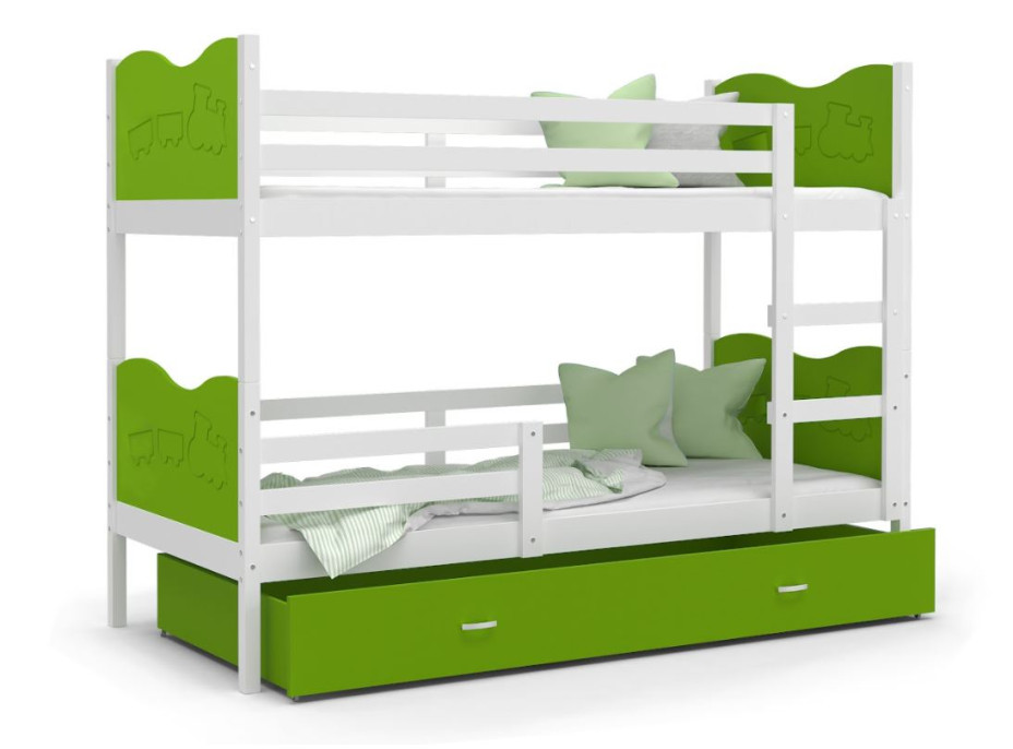 Detská poschodová posteľ so zásuvkou MAX R - 200x90 cm - zeleno-biela - vláčik