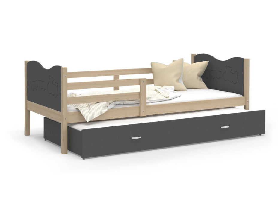Detská posteľ s prístelkou MAX W - 200x90 cm - sivá / borovica - vláčik