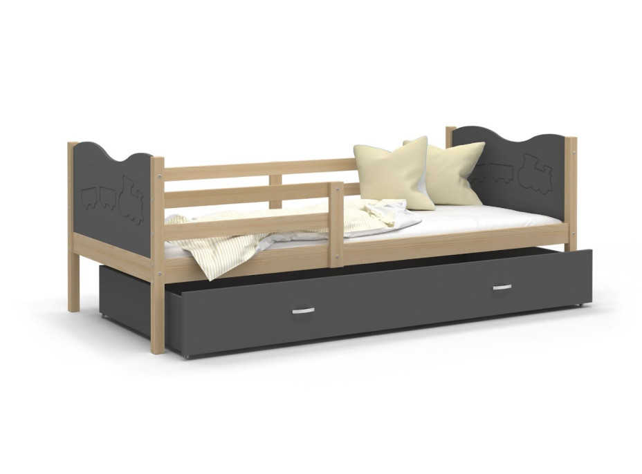 Detská posteľ so zásuvkou MAX S - 160x80 cm - sivá / borovica - vláčik