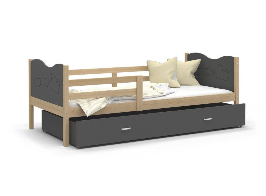 Detská posteľ so zásuvkou MAX S - 190x80 cm - sivá / borovica - vláčik