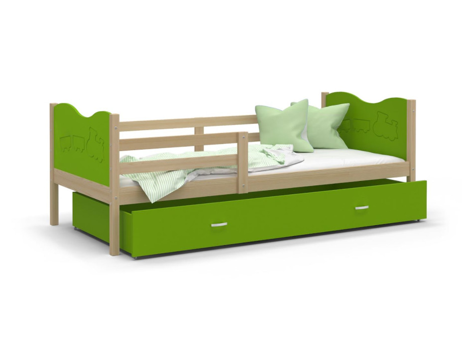 Detská posteľ so zásuvkou MAX S - 190x80 cm - zelená / borovica - vláčik