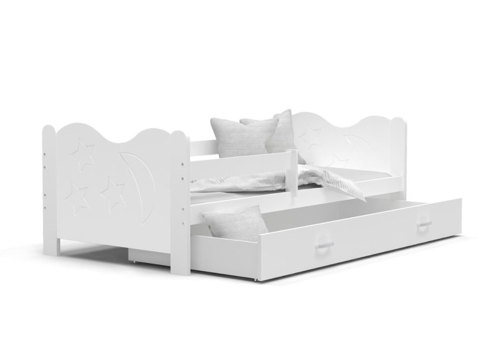 Detská posteľ so zásuvkou Mikoláš - 190x80 cm - biela - mesiac a hviezdičky