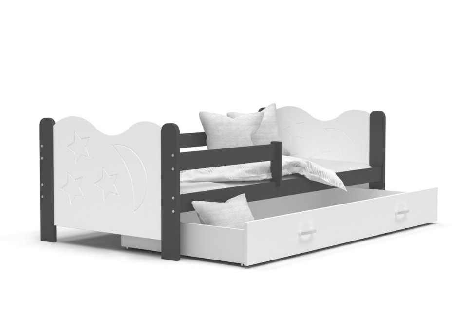Detská posteľ so zásuvkou Mikoláš - 190x80 cm - bielo-sivá - mesiac a hviezdičky