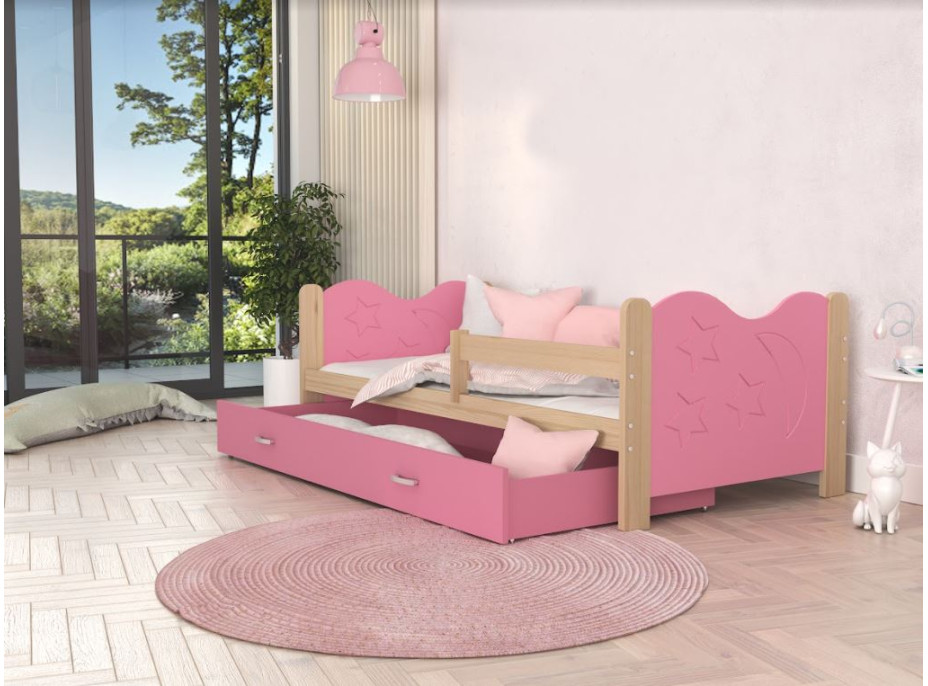 Detská posteľ so zásuvkou Mikoláš - 190x80 cm - ružová / borovice - mesiac a hviezdičky