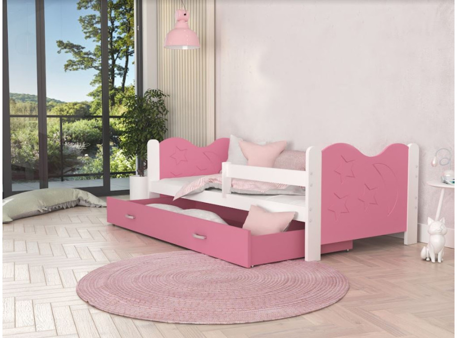 Detská posteľ so zásuvkou Mikoláš - 190x80 cm - ružovo-biela - mesiac a hviezdičky