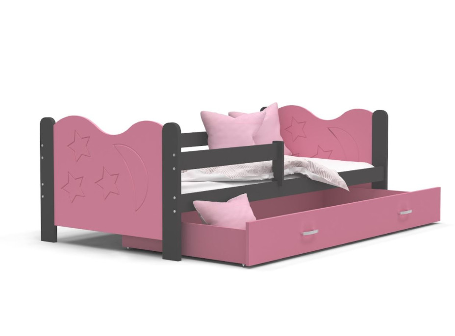 Detská posteľ so zásuvkou Mikoláš - 190x80 cm - ružovo-šedá - mesiac a hviezdičky