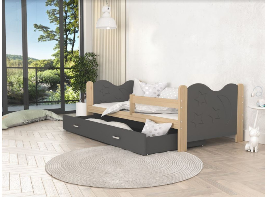 Detská posteľ so zásuvkou Mikoláš - 190x80 cm - sivá / borovice - mesiac a hviezdičky