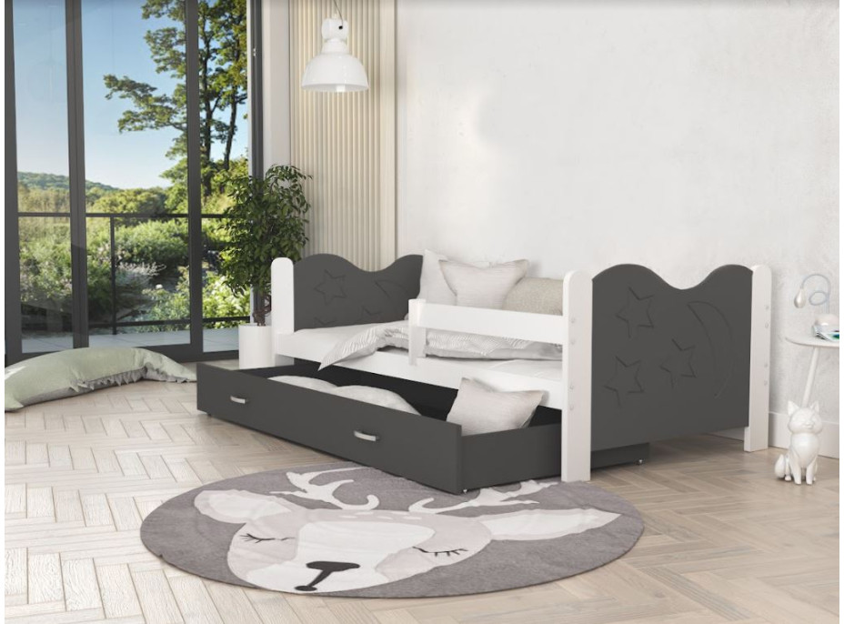 Detská posteľ so zásuvkou Mikoláš - 190x80 cm - šedo-biela - mesiac a hviezdičky