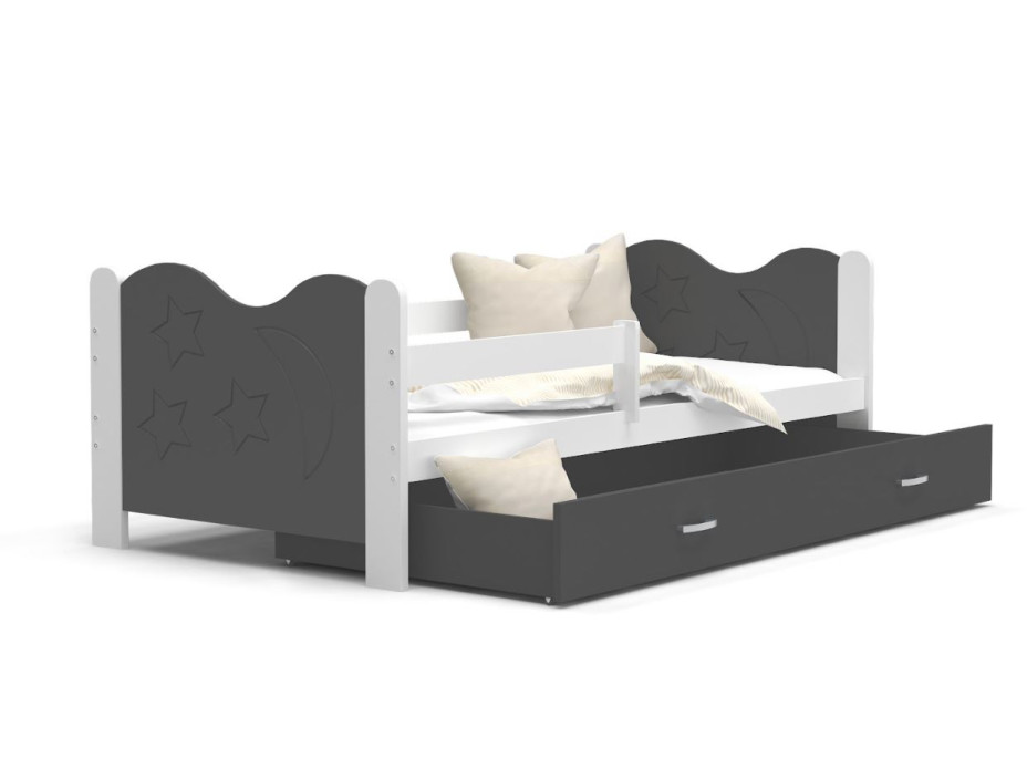 Detská posteľ so zásuvkou Mikoláš - 190x80 cm - šedo-biela - mesiac a hviezdičky