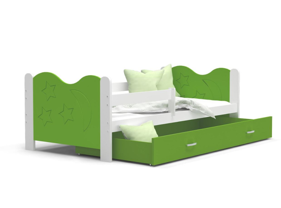Detská posteľ so zásuvkou Mikoláš - 190x80 cm - zeleno-biela - mesiac a hviezdičky