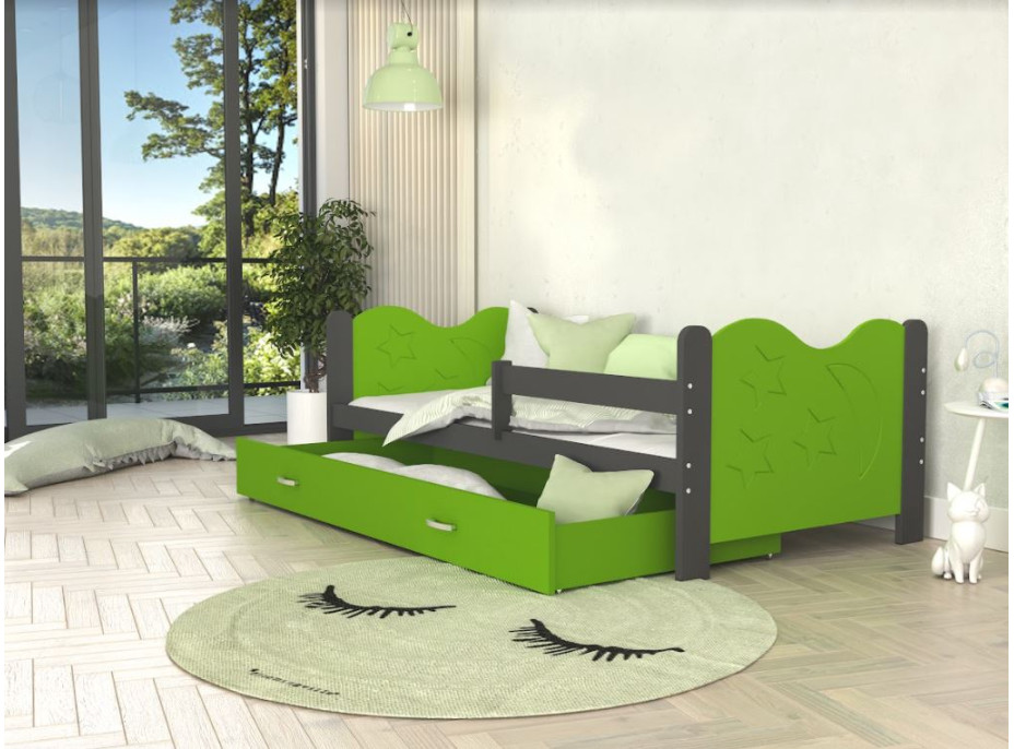 Detská posteľ so zásuvkou Mikoláš - 190x80 cm - zeleno-šedá - mesiac a hviezdičky