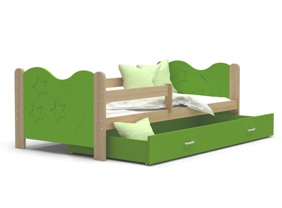 Detská posteľ so zásuvkou Mikoláš - 190x80 cm - zelená / borovica - mesiac a hviezdičky