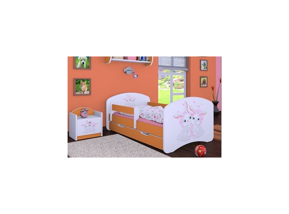 Detská posteľ so zásuvkou 180x90cm zajačikovia - oranžová
