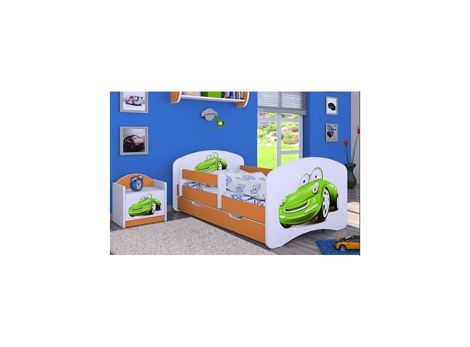 Detská posteľ so zásuvkou 160x80cm ZELENÉ AUTO - oranžová