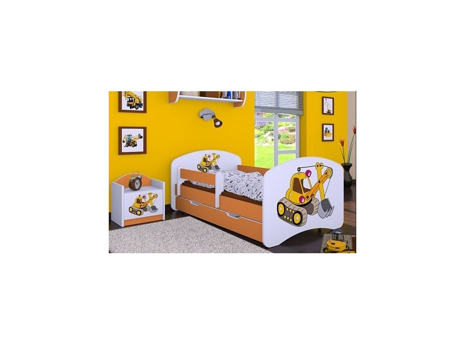 Detská posteľ so zásuvkou 180x90cm ŽLTÝ BAGR - oranžová