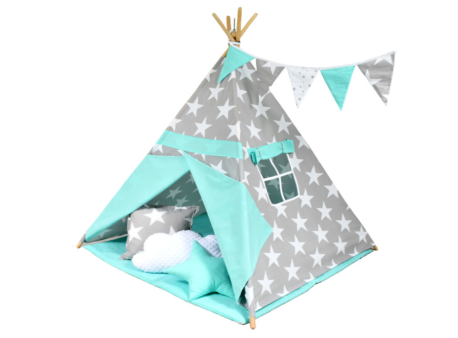 Detský stan TEEPEE (TÝPIE) HVIEZDIČKY MÁTOVÝ/ŠEDÝ + doplnky