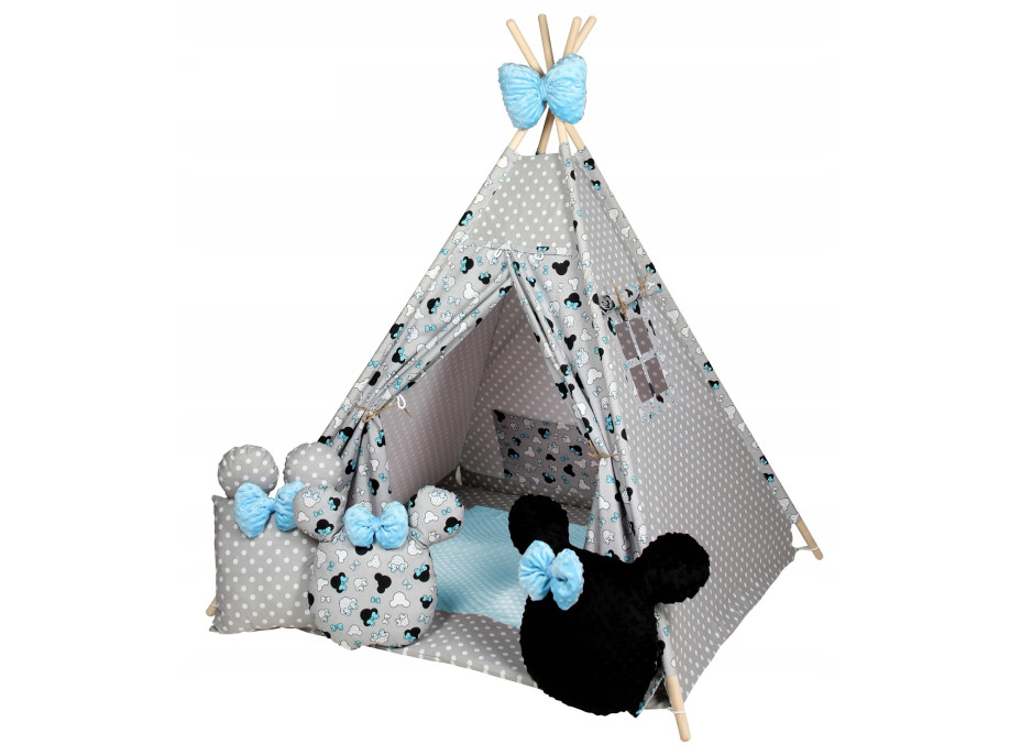 Detský stan TEEPEE (TÍPÍ) MYŠKA MINNIE s doplnkami - šedo/modrý