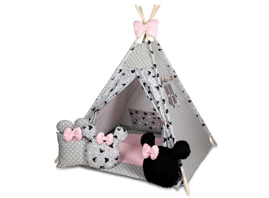 Detský stan TEEPEE (TÍPÍ) MYŠKA MINNIE s doplnkami - šedo/ružový
