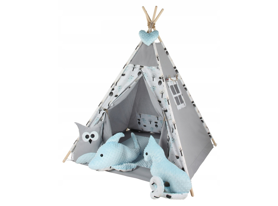 Detský stan TEEPEE (TÍPÍ) ZVIERATÁ s doplnkami - Les - šedo/modrý