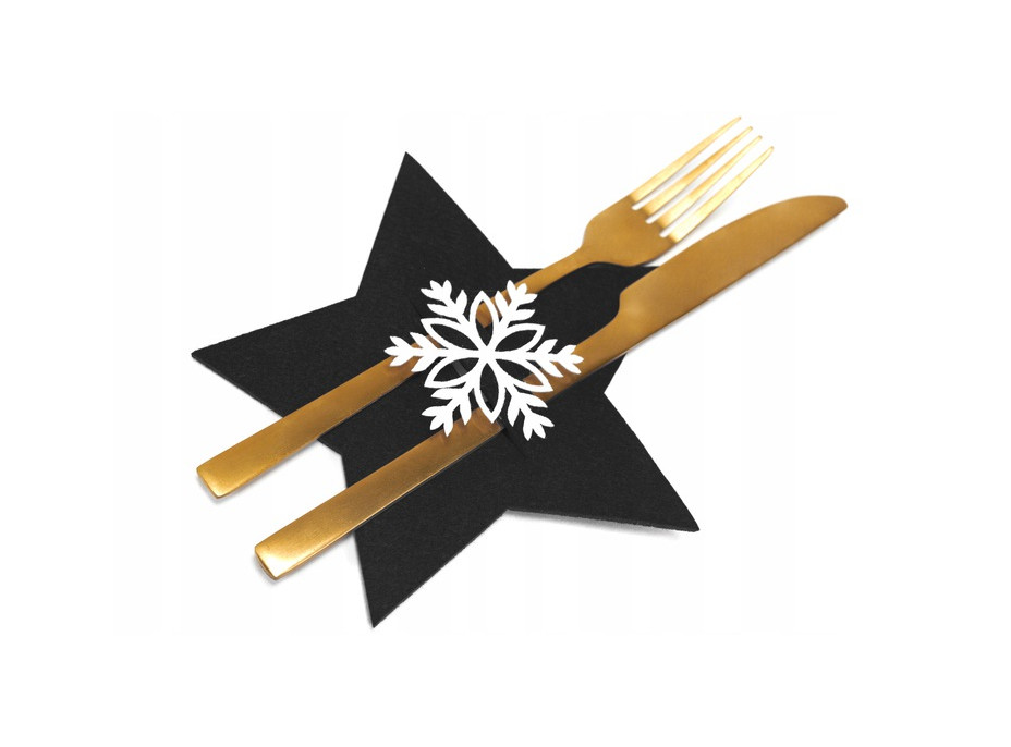 Vianočný obal na príbory - 6 ks - čierne - hviezdička a vločka