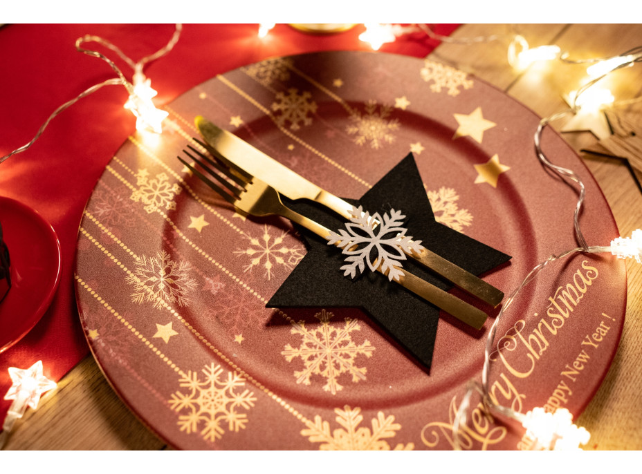 Vianočný obal na príbory - 6 ks - čierne - hviezdička a vločka