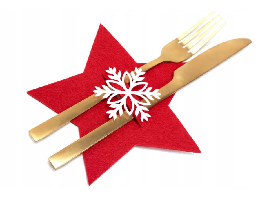 Vianočný obal na príbory - 6 ks - červené - hviezdička a vločka