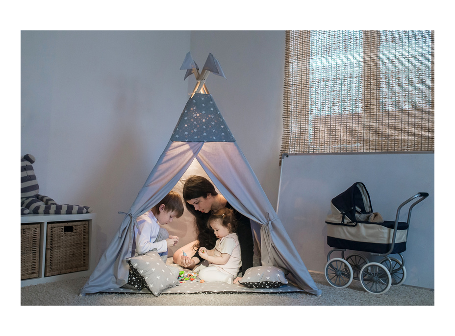 Detský stan TEEPEE (TÍPÍ) HNEDÝ S HVIEZDIČKAMI + doplnky