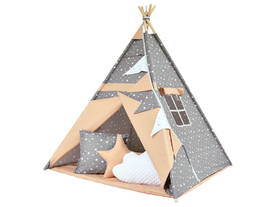 Detský stan TEEPEE (TÍPÍ) HNEDÝ S HVIEZDIČKAMI + doplnky
