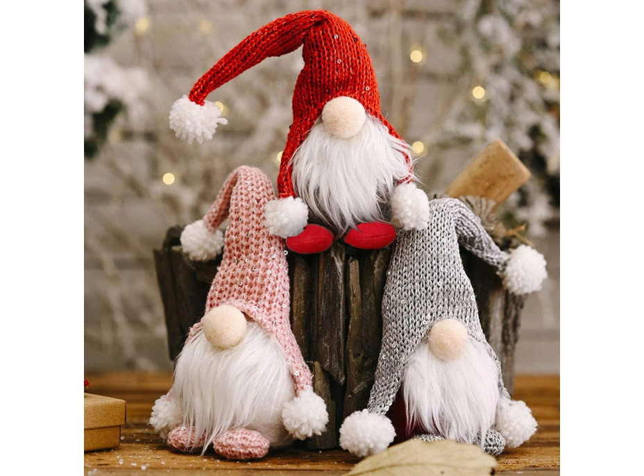 Vianočný škriatok 30 cm - šedo/červený s brmbolcami