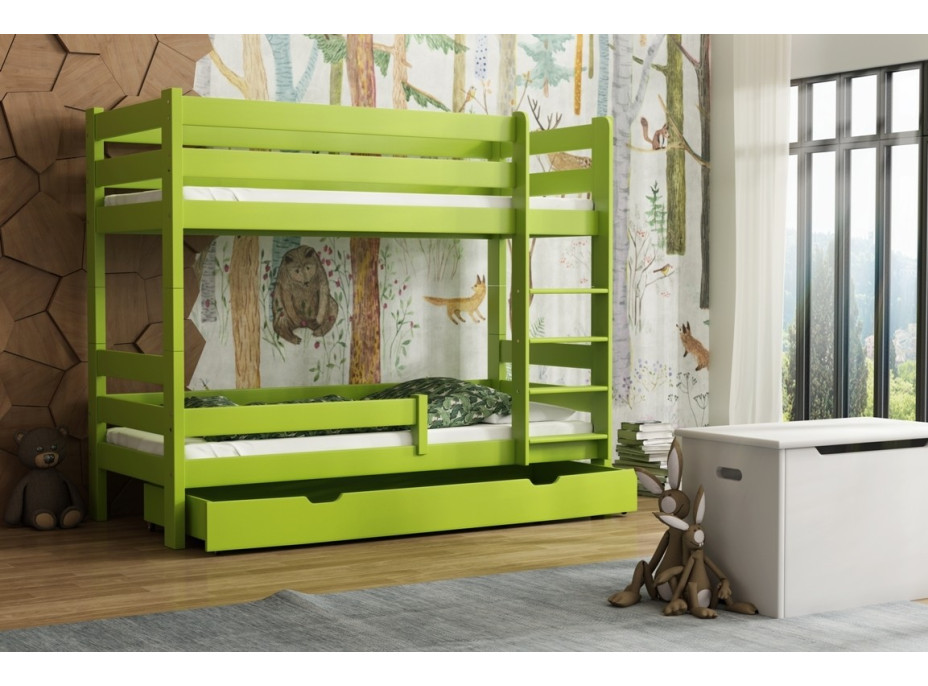 Detská poschodová posteľ z masívu GABI - 160x80 cm - biela so zelenými šuplíkmi + MATRACE