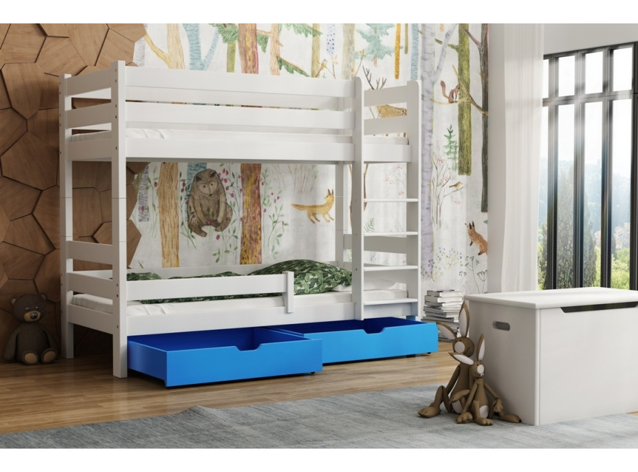Detská poschodová posteľ z masívu GABI - 160x80 cm - biela so zelenými šuplíkmi + MATRACE
