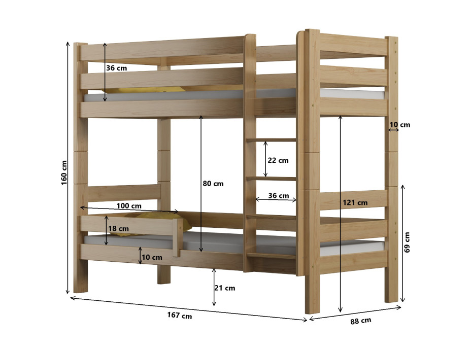 Detská poschodová posteľ z masívu GABI - 160x80 cm - biela so zelenými šuplíkmi + MATRACE