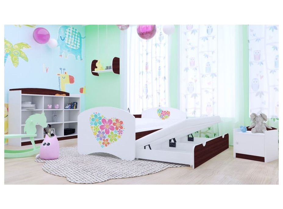 Detská posteľ pre DVA (s výsuvným lôžkom) 180x90 cm - KVETINKY v srdiečku