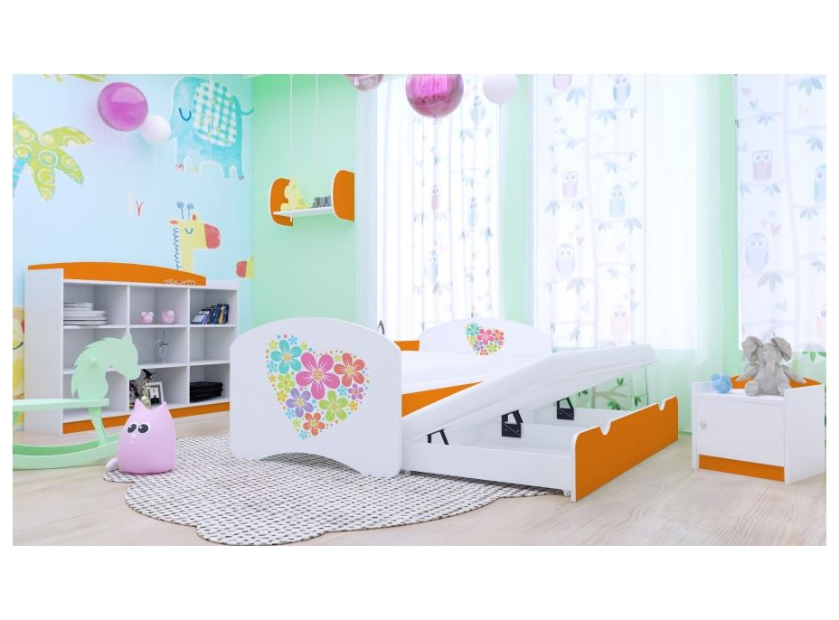 Detská posteľ pre DVOCH (s výsuvným lôžkom) 180x90 cm - KYTIČKY V SRDIEČKU